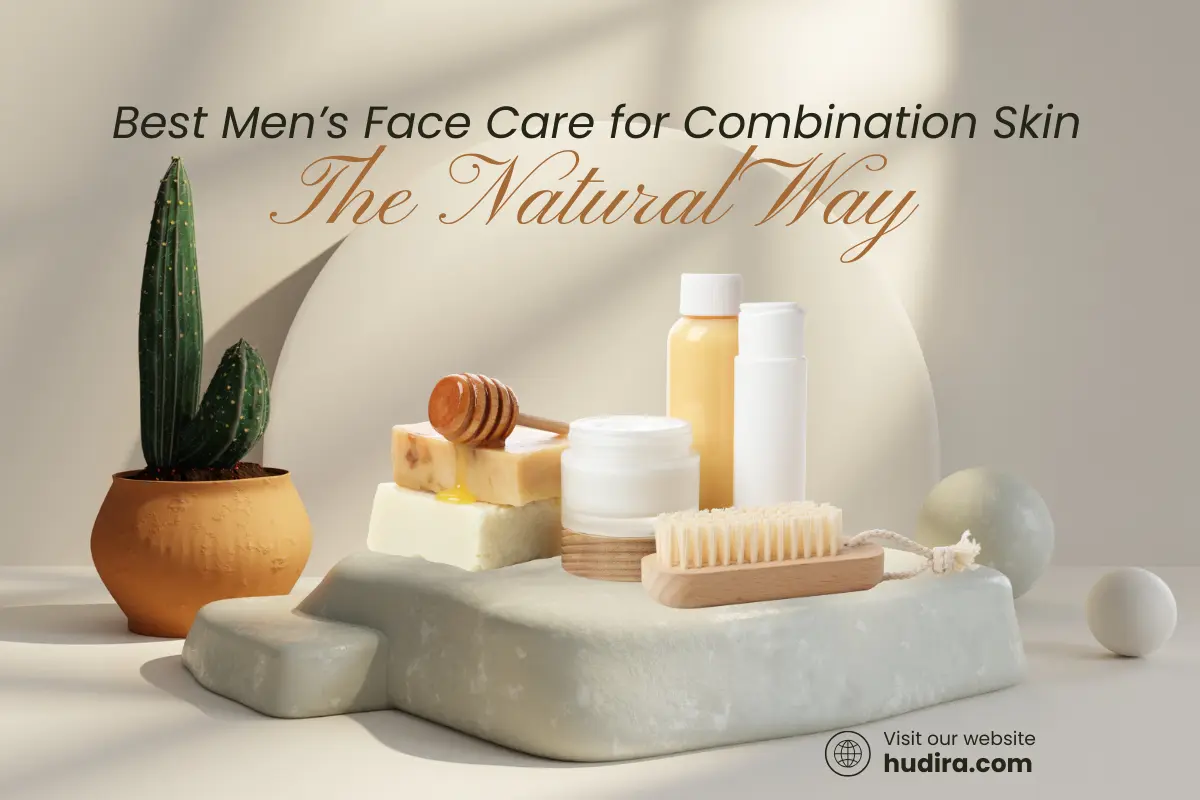 Natural skincare products for best men's skincare for combination skin, featuring honey, soap bars, and face care tools on a minimal setup.