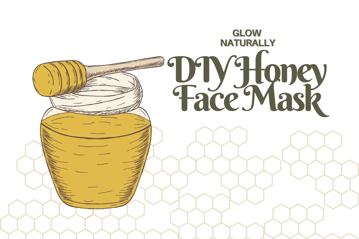 Illustration of DIY honey face mask for glowing skin with honey jar and dipper, promoting natural glow and gentle skincare using raw honey.