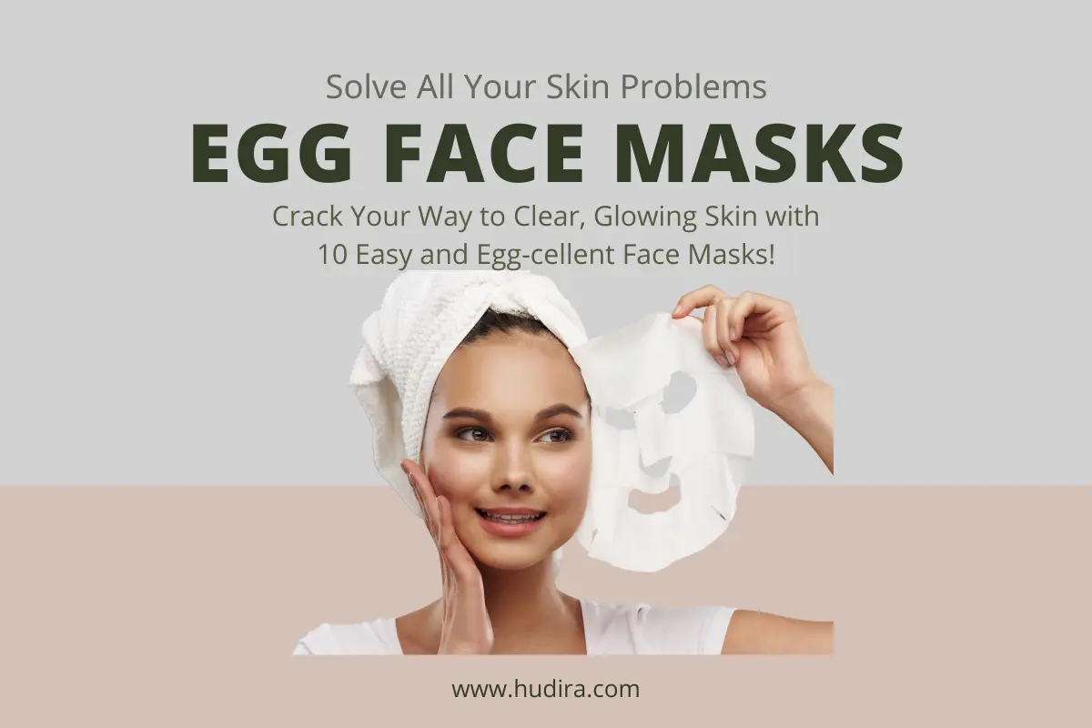Smiling woman applying egg face mask at home for glowing skin – discover 10 easy DIY egg face mask remedies to solve all skin problems with Hudira.