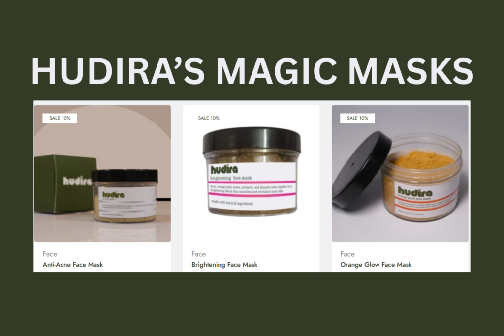 Hudira face mask collection including Anti-Acne, Brightening, and Orange Glow — best budget skincare products 2025 made with herbal ingredients.