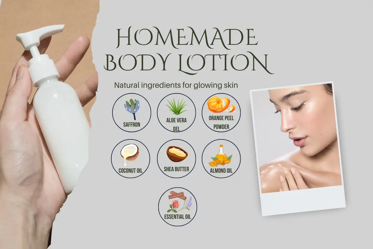 Homemade body lotion with natural ingredients like aloe vera, saffron, orange peel powder, coconut oil, and almond oil for glowing skin.