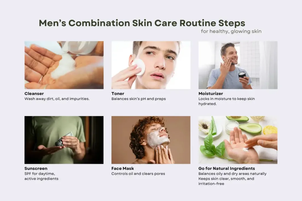 Best men's skincare for combination skin routine steps showing cleanser, toner, moisturizer, sunscreen, face mask, and natural ingredients for healthy and glowing skin.