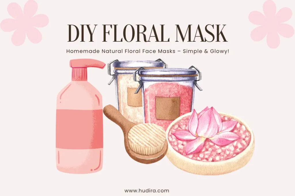 DIY floral mask setup with natural ingredients, pink jars, a lotus flower, and skincare tools — perfect for a homemade natural floral face mask and botanical skincare for glowing skin.