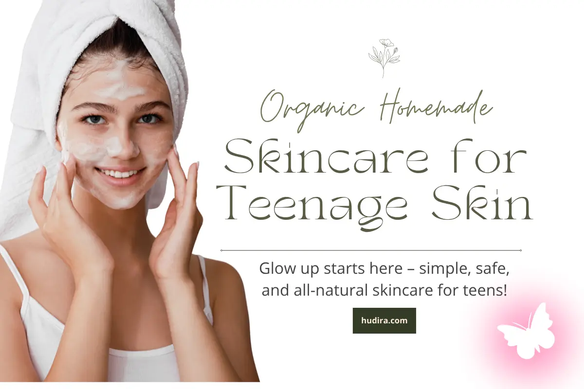 Teen girl applying natural face cleanser with towel on head, smiling—organic homemade and natural skincare for teenage skin, safe and gentle glow-up routine.