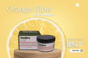 Hudira Orange Glow face mask for glowing skin – natural brightening mask with orange peel, saffron, and almond oil – 10% discount in Pakistan.