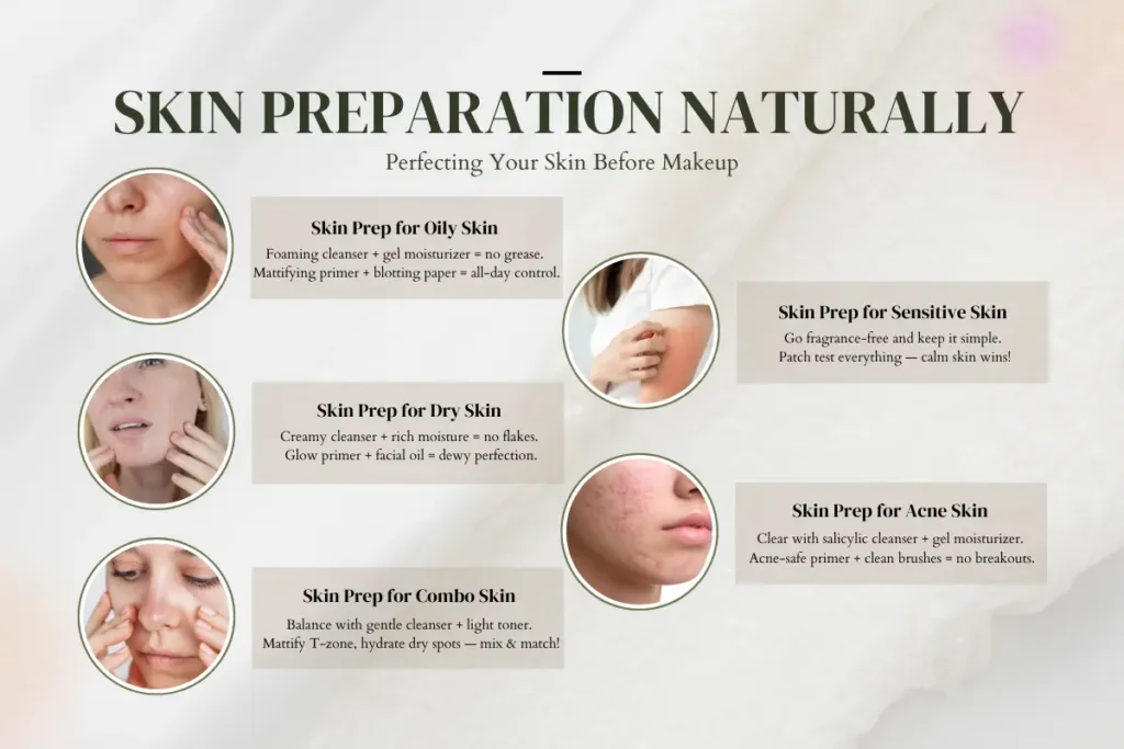 Infographic on skin preparation naturally before makeup showing skin prep routines for oily, dry, sensitive, combo, and acne-prone skin types with tips on cleansers, moisturizers, and primers.