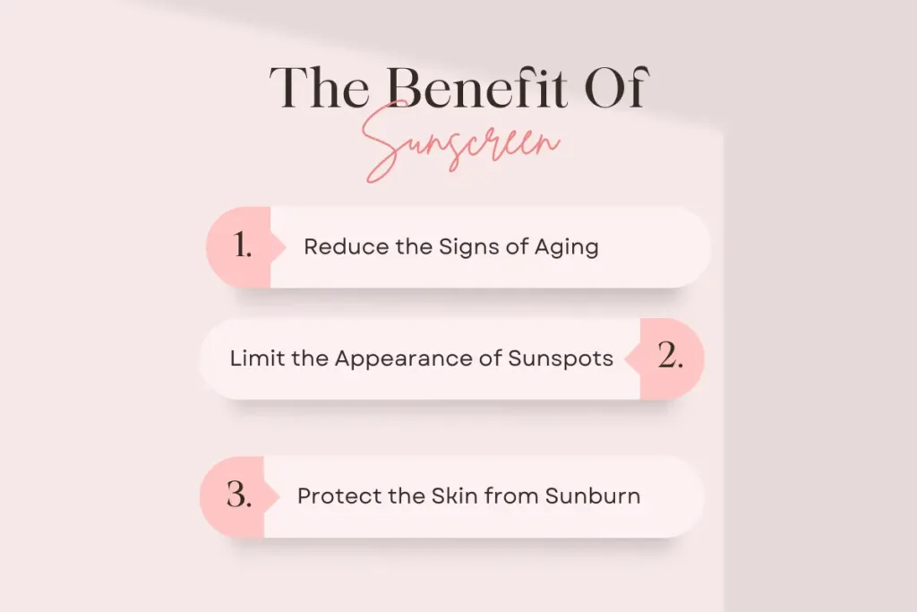listing the top 3 benefits of sunscreen: reduces signs of aging, limits the appearance of sunspots, and protects skin from sunburn. This is the most important step of simple skincare.