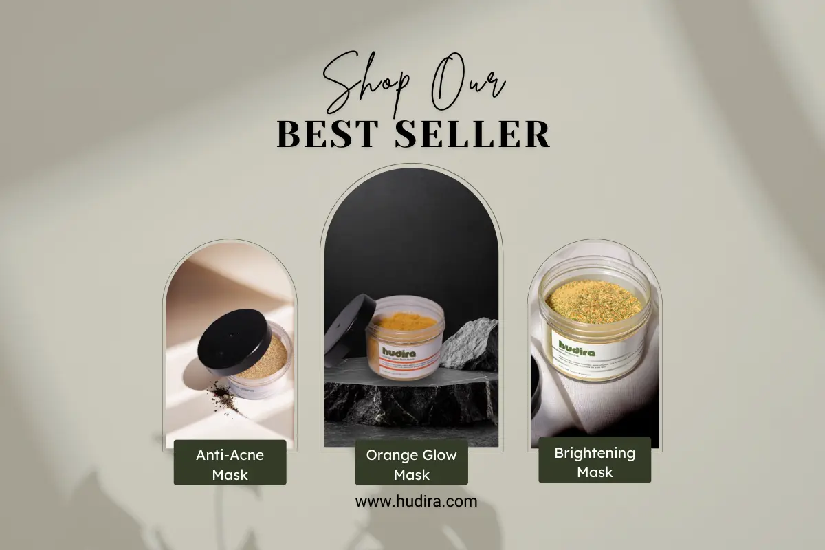 Best seller sustainable Hudira products – Anti-Acne Mask, Orange Glow Mask, and Brightening Mask for clear, radiant, and glowing skin.