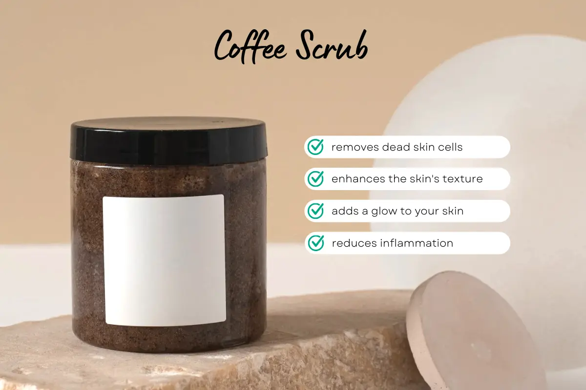 Coffee scrub in jar with skincare benefits – removes dead skin cells, enhances skin texture, adds natural glow, and reduces inflammation for smooth and healthy skin.
