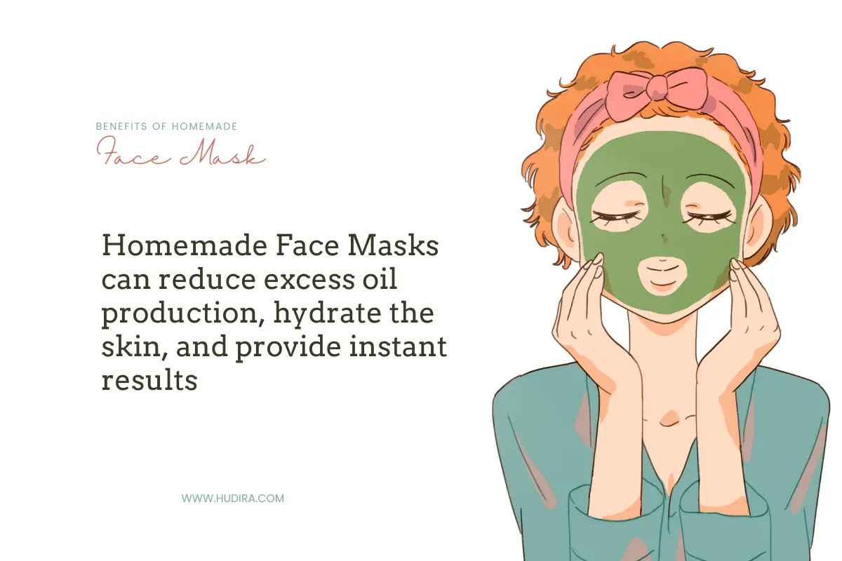 Illustration of woman applying homemade face mask with green clay, highlighting benefits like reducing excess oil, hydrating skin, and instant glow, natural skincare remedy.