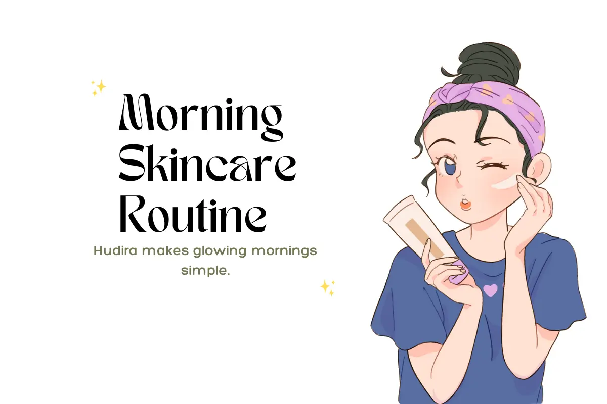 Morning skincare routine illustration – woman applying face cream with headband | Hudira simple glowing skin tips.