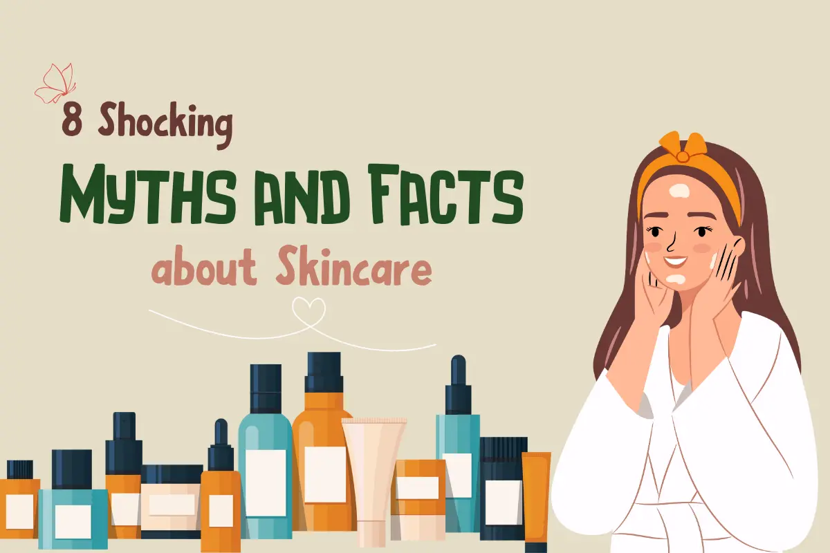 '8 Shocking Myths and Facts About Skincare' surrounded by beauty products, debunking skincare myths vs facts.