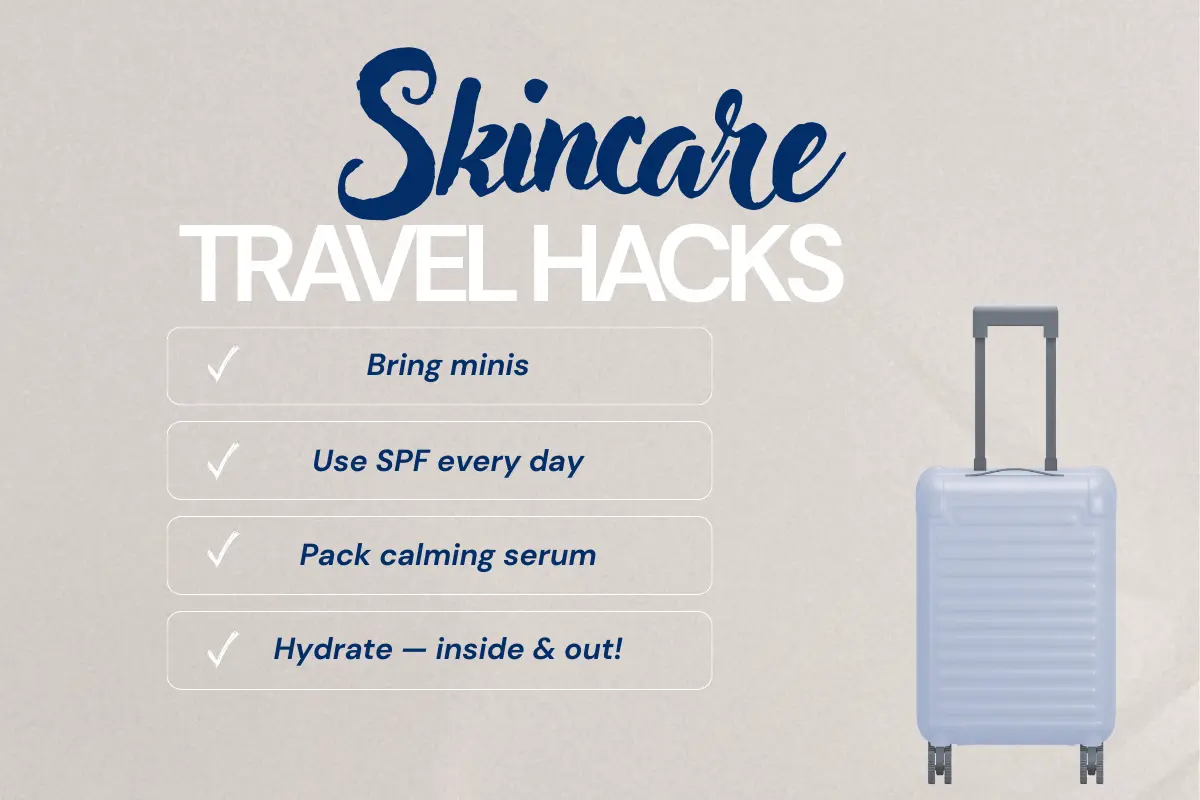 Simple travel skincare hacks checklist with suitcase showing tips like bring minis, use SPF, pack calming serum, and stay hydrated.