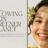 Smiling woman with glowing skin holding flowers, promoting Hudira sustainable skincare products with biodegradable packaging for green skincare and zero waste beauty.