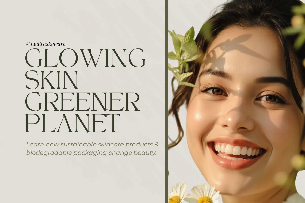 Smiling woman with glowing skin holding flowers, promoting Hudira sustainable skincare products with biodegradable packaging for green skincare and zero waste beauty.