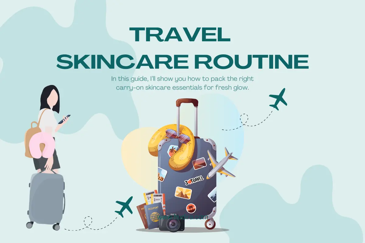 Travel skincare routine illustration with woman carrying suitcase, travel essentials, and carry-on skincare items for glowing skin while traveling.