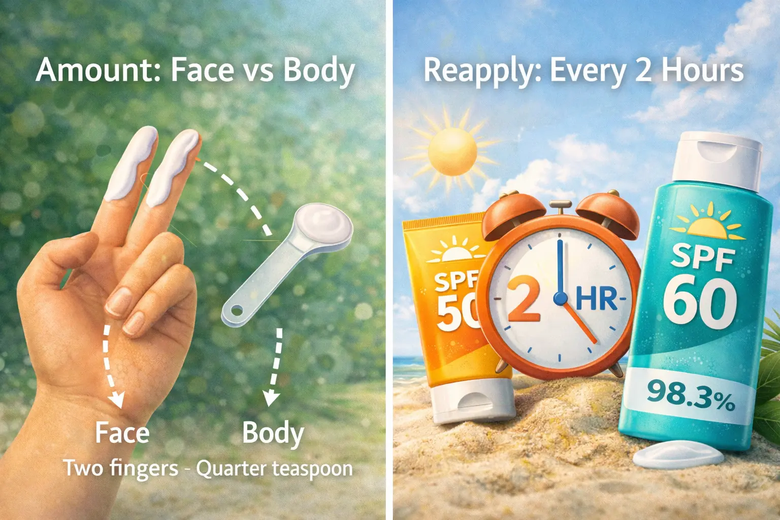 Proper sunscreen application amount and reapplication timing for SPF 50 vs SPF 60