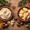 Shea vs cocoa butter comparison showing texture and natural skincare ingredients