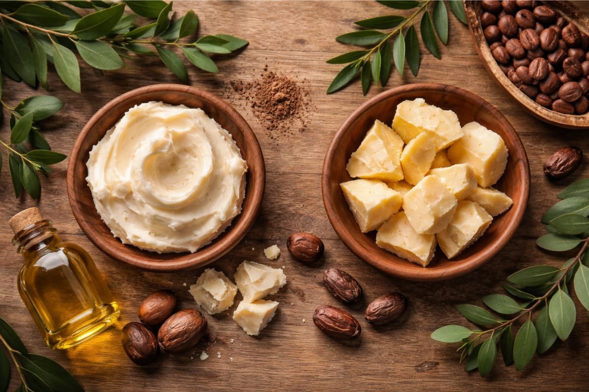Shea vs cocoa butter comparison showing texture and natural skincare ingredients