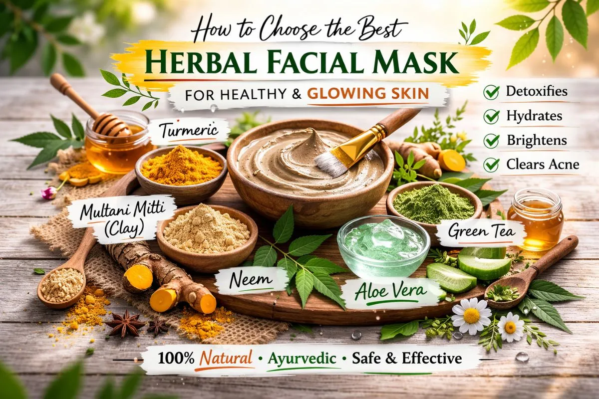 Herbal facial mask ingredients including turmeric, neem, and clay