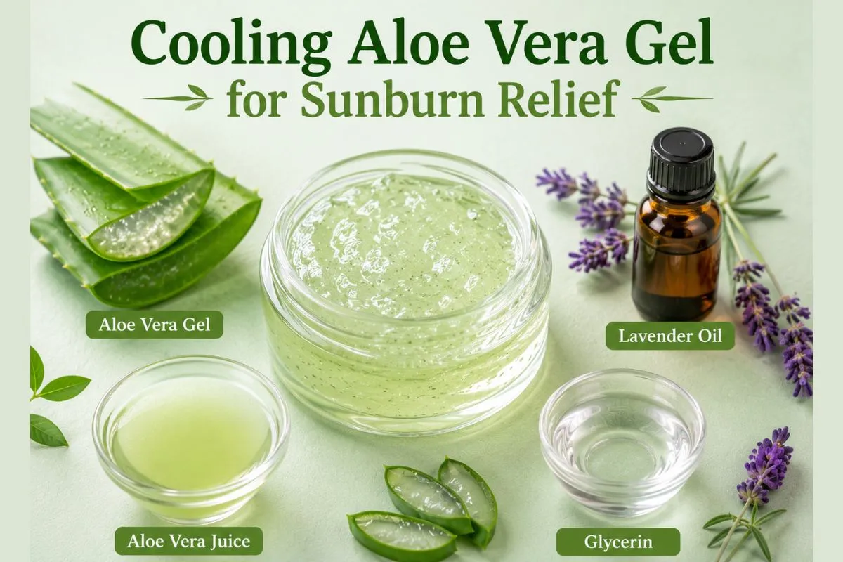 Cooling aloe vera gel ingredients for sunburn relief and hydrated skin