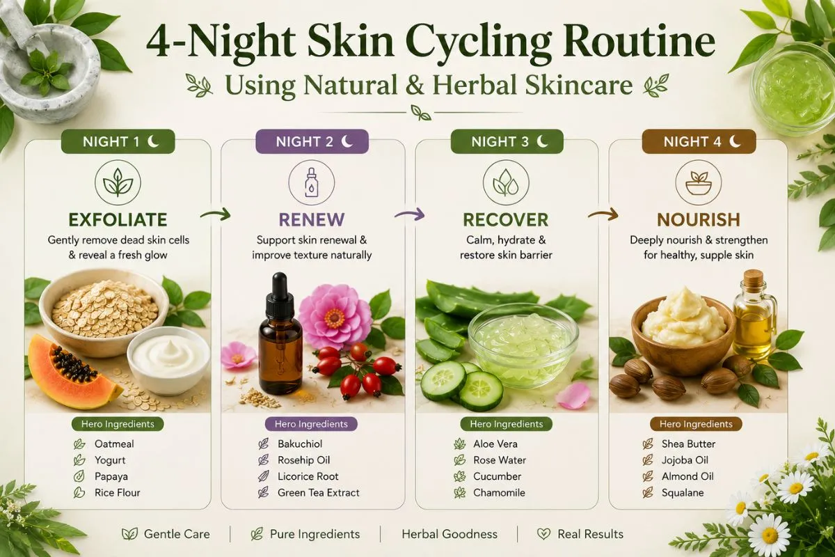 Four night skin cycling routine using natural ingredients