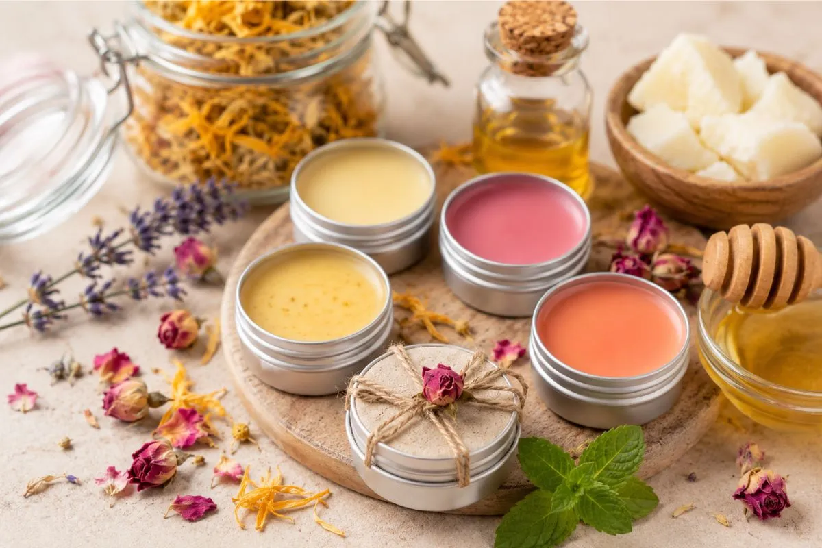 Handmade lip balm recipe with natural herbal ingredients