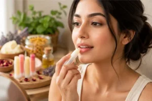 Home made lip balm with nourishing herbal ingredients and soft lips