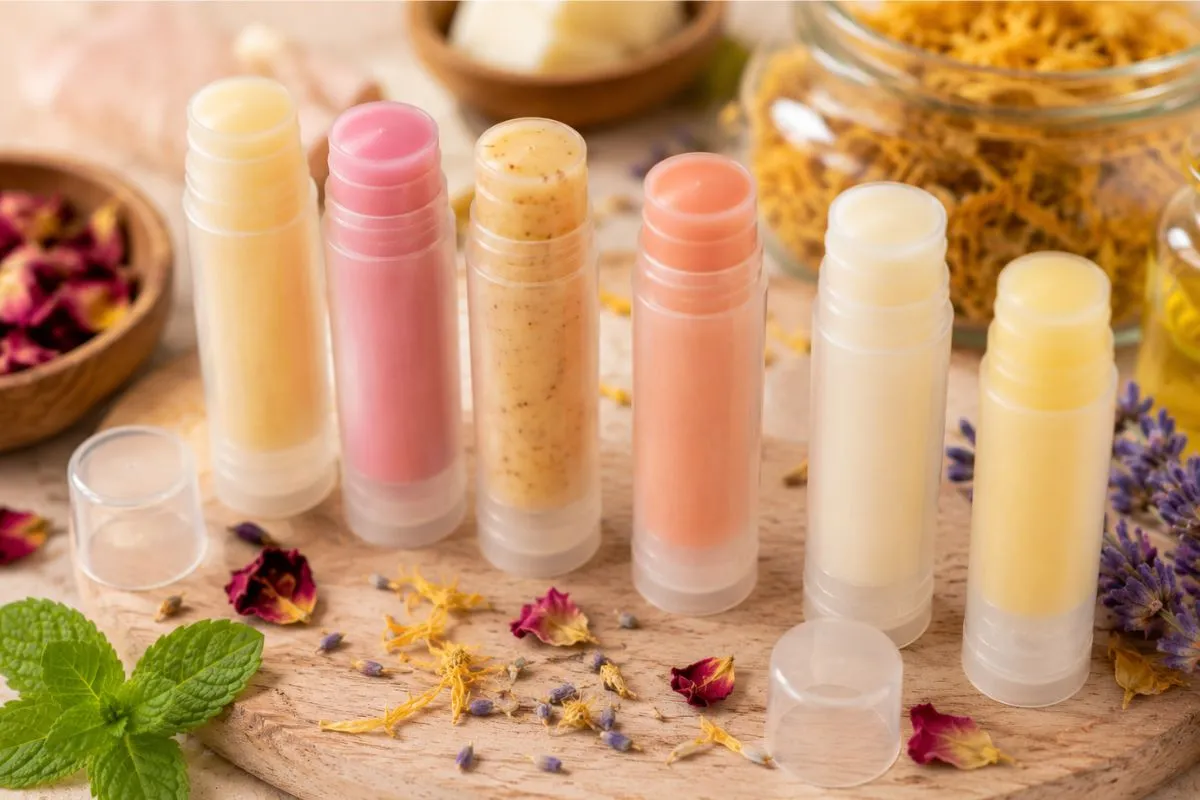 Natural lip chap recipe with homemade herbal lip balm tubes