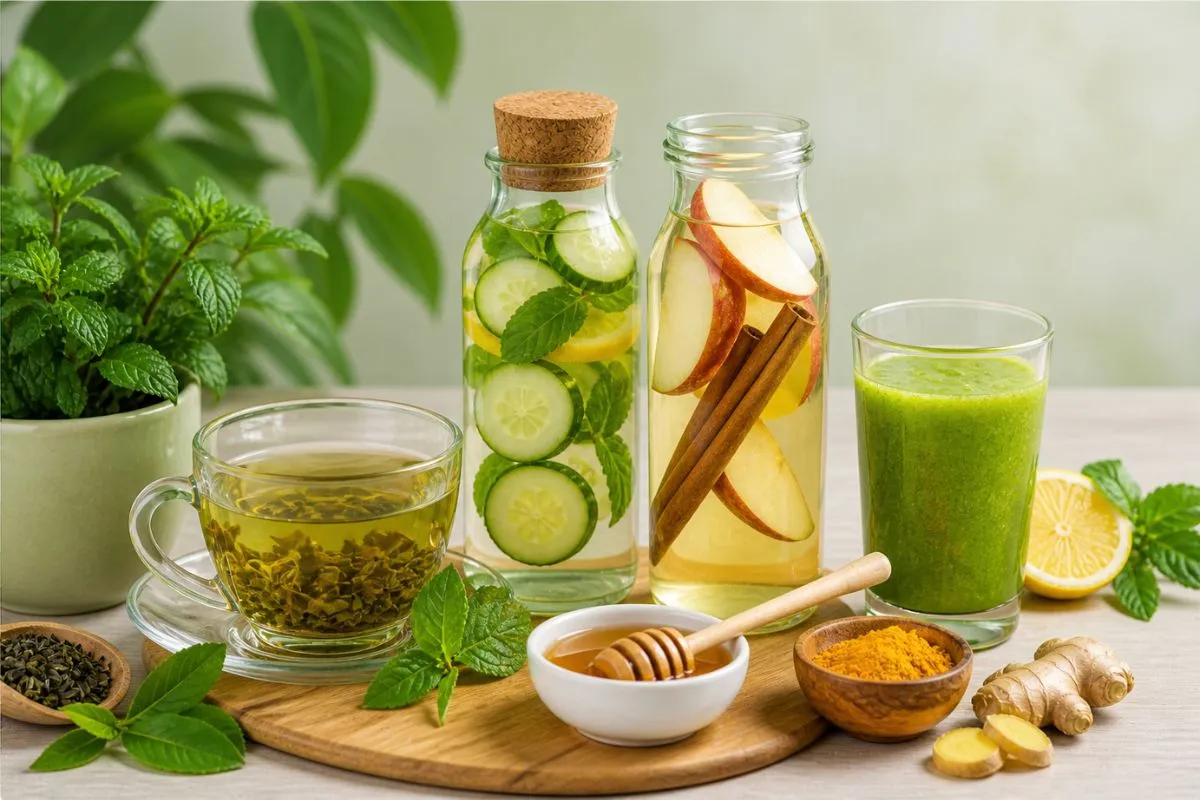 Refreshing drinks for clear skin with lemon and herbs