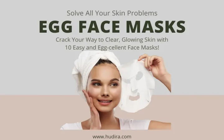 Smiling woman applying egg face mask at home for glowing skin – discover 10 easy DIY egg face mask remedies to solve all skin problems with Hudira.
