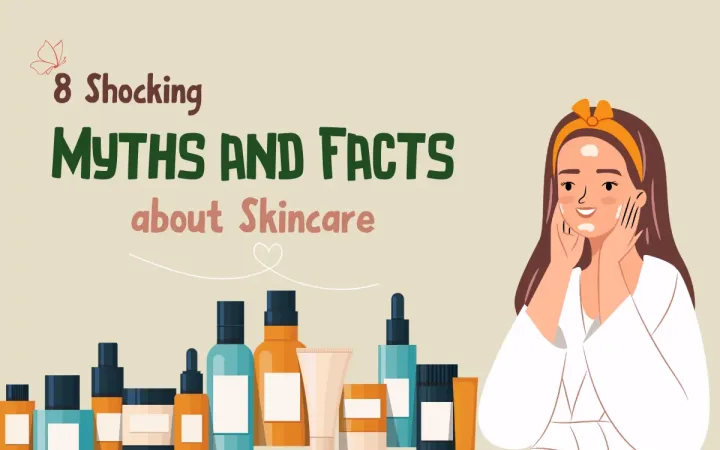 '8 Shocking Myths and Facts About Skincare' surrounded by beauty products, debunking skincare myths vs facts.