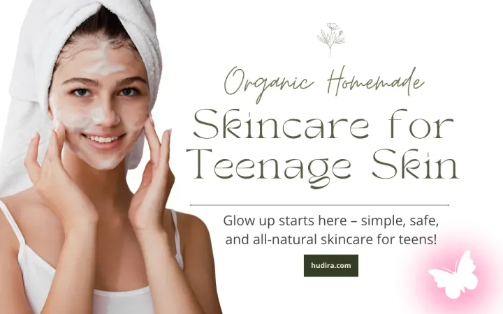 Teen girl applying natural face cleanser with towel on head, smiling—organic homemade and natural skincare for teenage skin, safe and gentle glow-up routine.