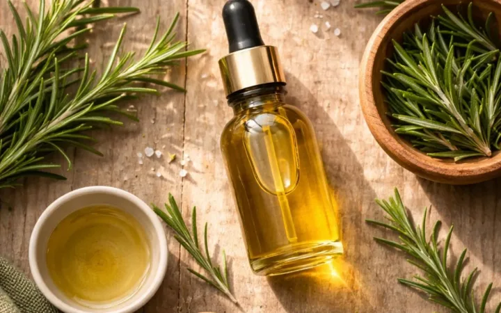 Rosemary oil for face displayed with fresh rosemary leaves for natural skincare benefits