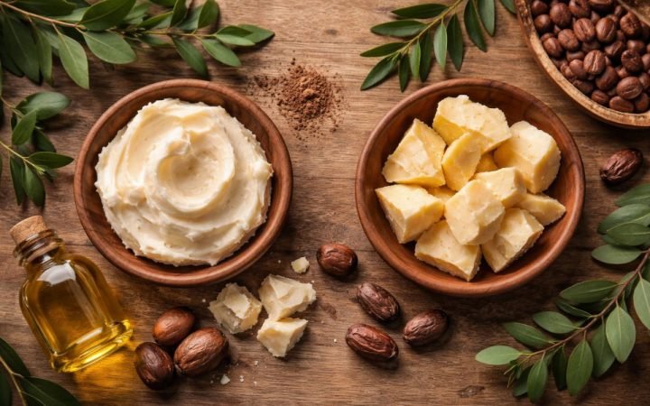 Shea vs cocoa butter comparison showing texture and natural skincare ingredients
