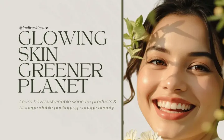 Sustainable Skincare Products Smiling woman with glowing skin holding flowers, promoting Hudira sustainable skincare products with biodegradable packaging for green skincare and zero waste beauty.